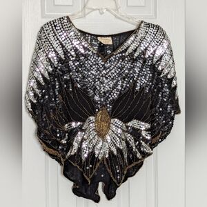 Vintage Women's 100% Silk Sequins & Beaded V-Neck Sleeveless Top/Blouse/Cape